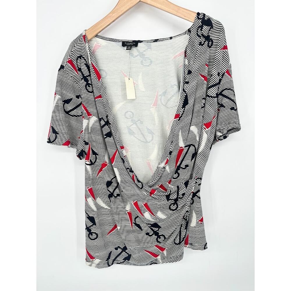 Talbots Nautical Faux Wrap Top 1X Petite 1XP Striped Sailing Boat Anchor Print